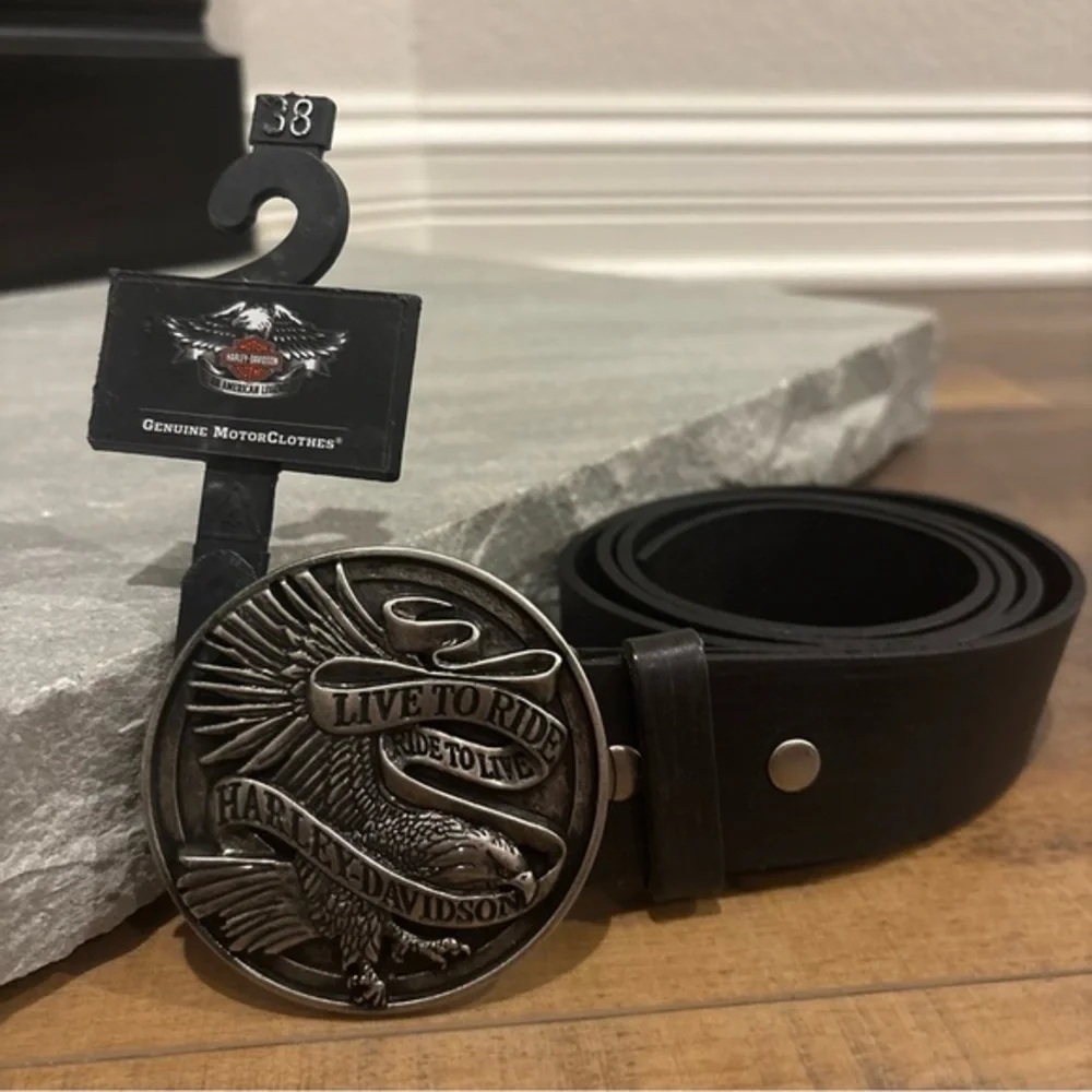Harley Davidson Men Sz 38 Black Leather Belt with Live to Ride Eagle Belt Buckle